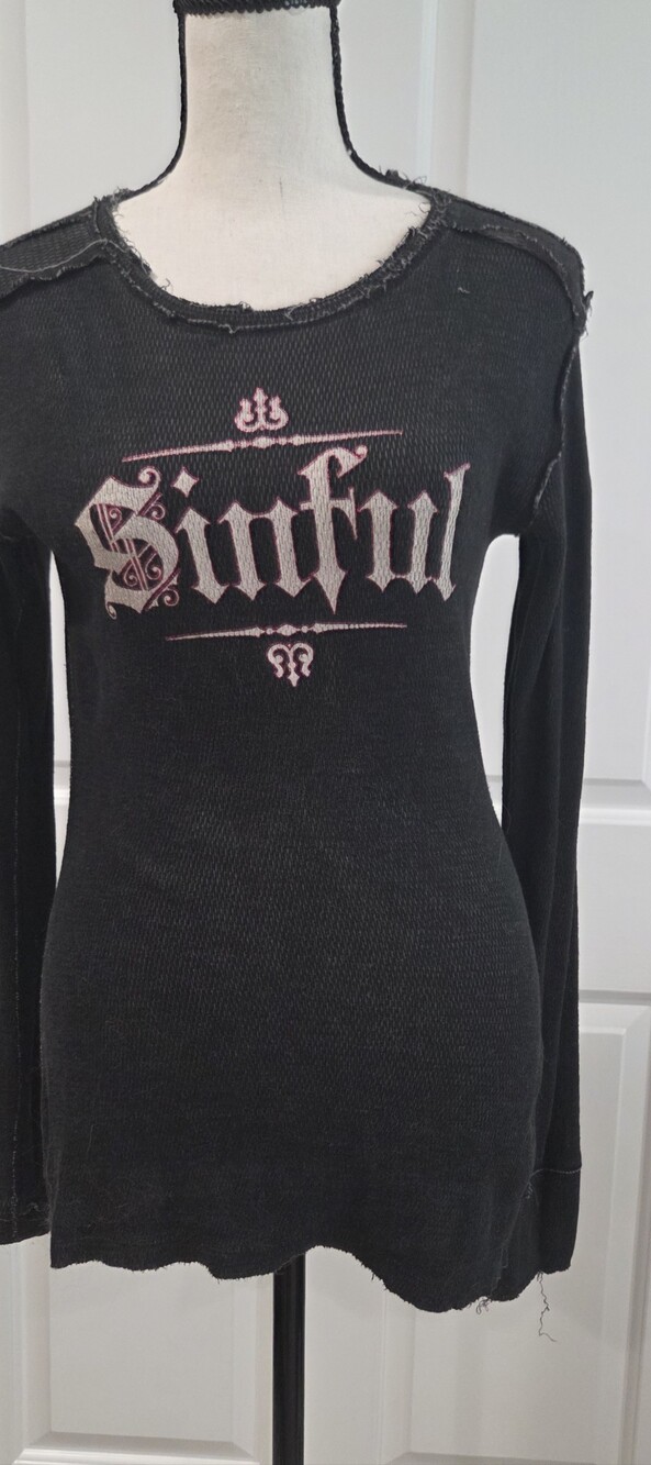 Sinful Angel Wings Thermal Top Womens Long Sleeve Faded Black Grunge Y2K - Picture 4 of 5